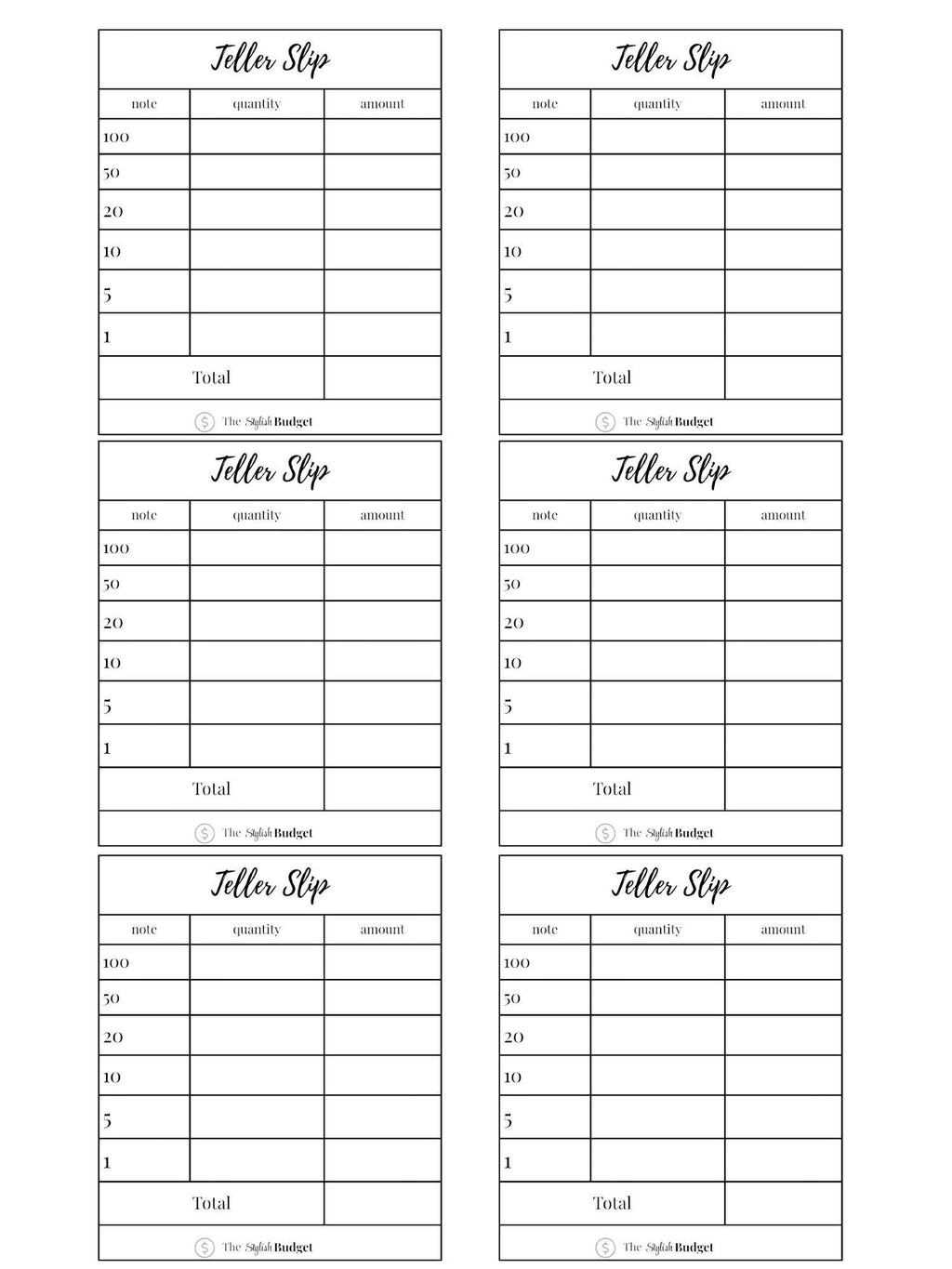Teller Slips- Printable